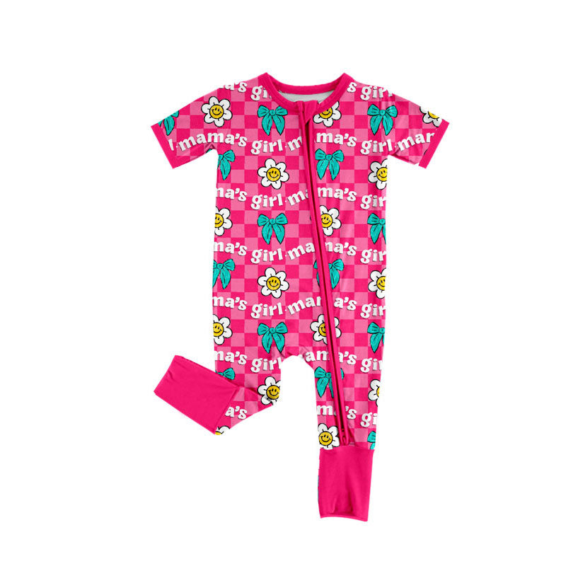 presale SR3227  Baby Girls Pink Checked Mamas Girl Flowers Bows Zipper Footie Rompers D 922