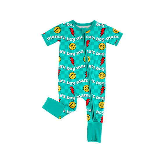 presale SR3228 Baby Boys Aqua Checked Mamas Boy Smiles Lights Zipper Footie Rompers D 922