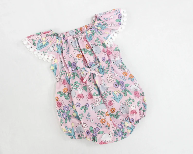 presale SR3234 Baby Girls Pink Flowers Rabbits Easter Ruffle Rompers  D 925