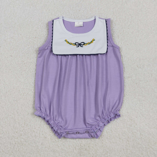 SR3235 Embroidery Bows Baby Girls Sleeveless Mardigrass Ruffle Rompers  D 1111
