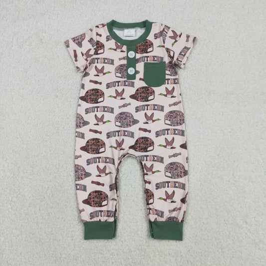 Baby Boys Camouflage Footie Rompers with Button Pocket And Duck Design Southern Style Baby Boys Outfit with Camo Hat