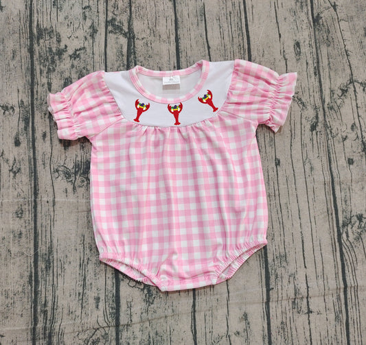 presale SR3256 Embroidery Crayfishes Baby Girls Pink Checked Ruffle Rompers  D 1013