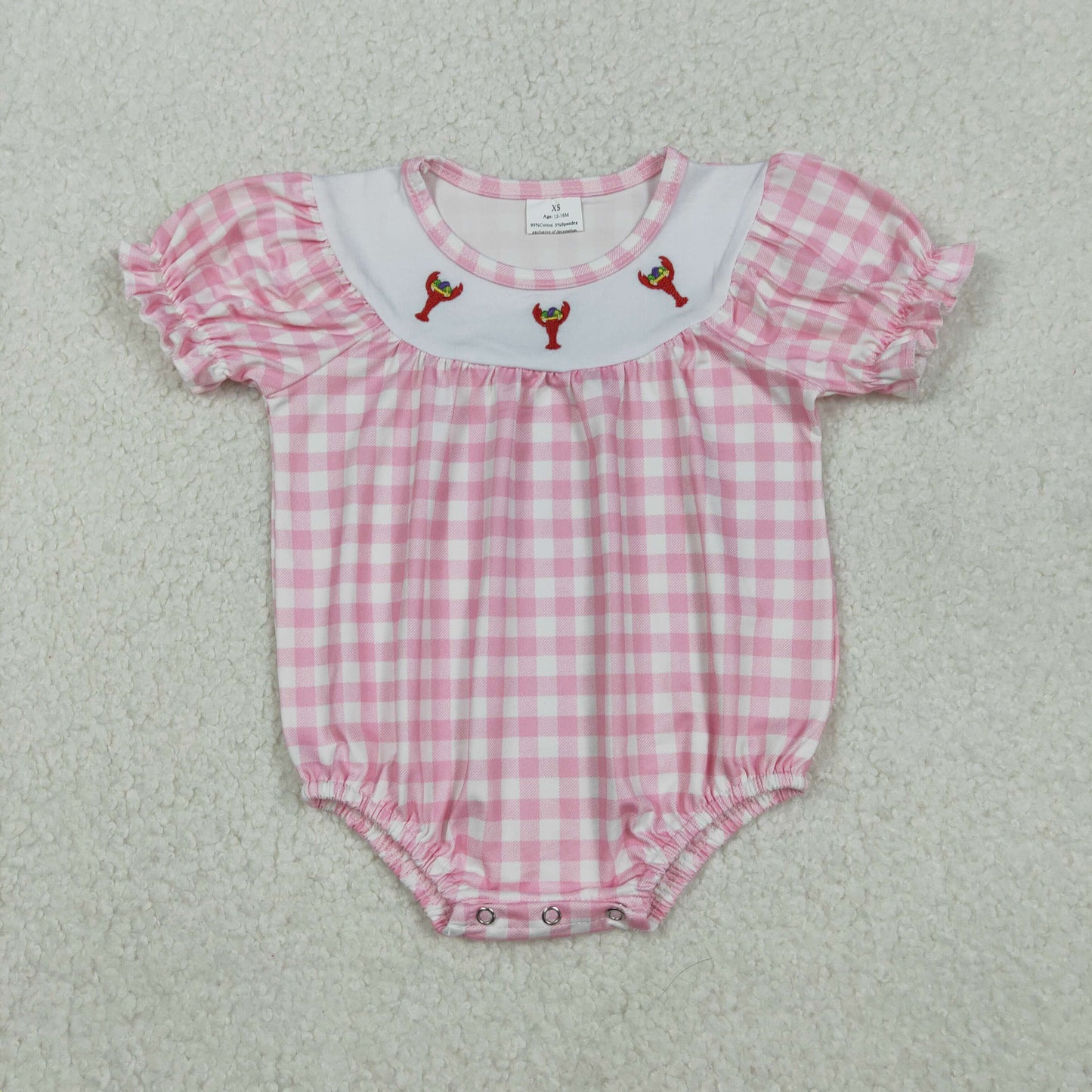 SR3256 Embroidery Crayfishes Baby Girls Pink Checked Ruffle Rompers  D 1013