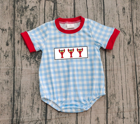 presale SR3257 Embroidery Crayfishes Baby Boys Blue Checked Rompers D 1014