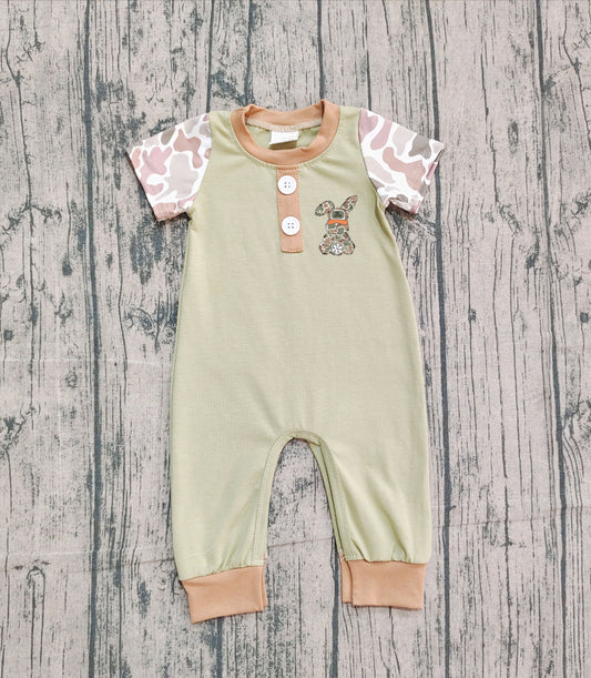 presale SR3258 Embroidery Camo Rabbit Baby Boys Button Easter Footie Rompers D 1014