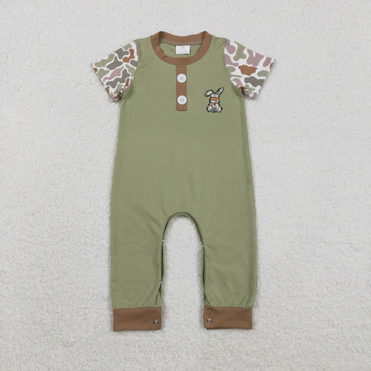 SR3258 Embroidery Camo Rabbit Baby Boys Button Easter Footie Rompers D 1208