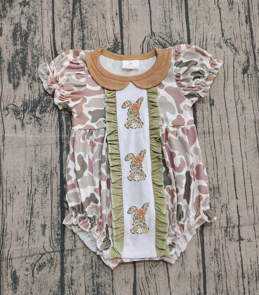 presale SR3259 Embroidery Camo Rabbit Baby Girls Easter Ruffle Collar Rompers D 1014