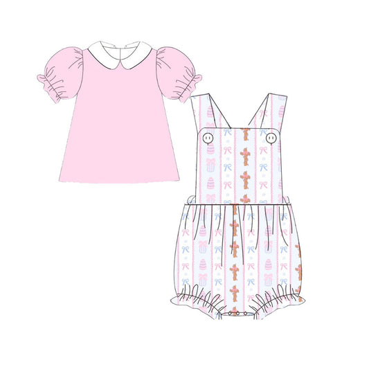 presale SR3282 Baby Girls Pink Shirts Strap Crosses Stripe Easter 2 Piece Ruffle Rompers   D 1006