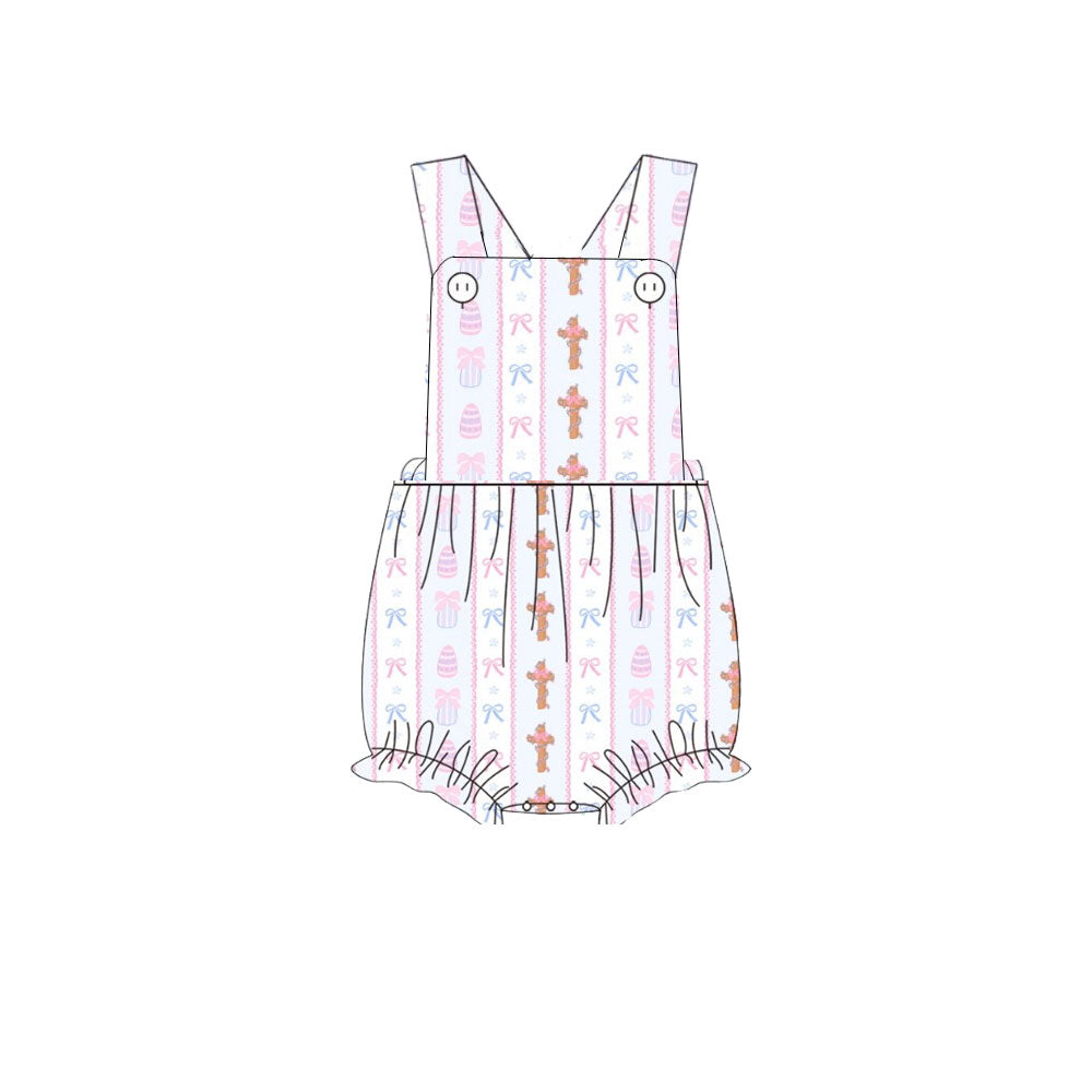 presale SR3283 Baby Girls Bows Eggs Crosses Stripe Easter Strap Ruffle Rompers  D 1006