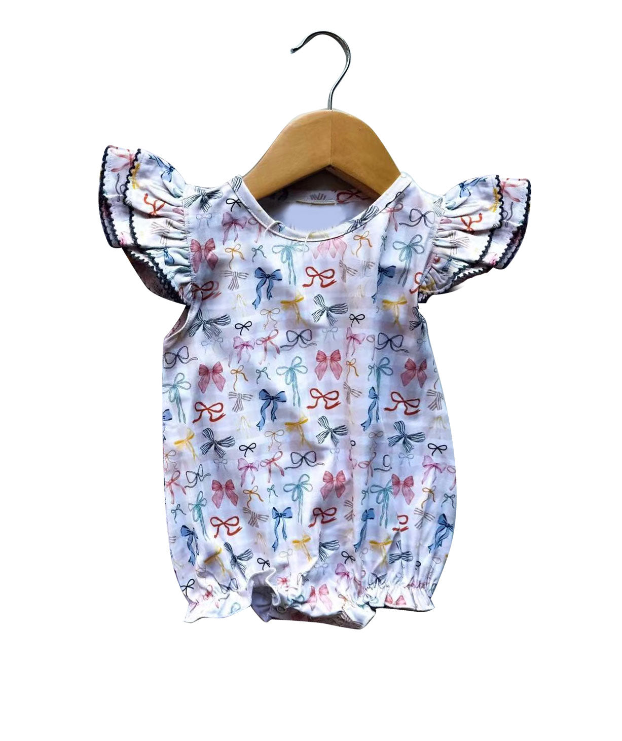 presale SR3284 Baby Girls Flutter Sleeve Colorful Bows Ruffle Rompers  D 1006