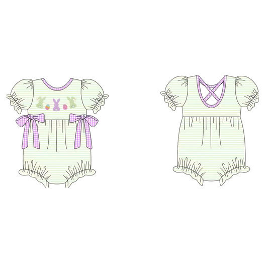 presale SR3287 Baby Girls Stripe Rabbits Eggs Bows Easter Ruffle Rompers D 1007