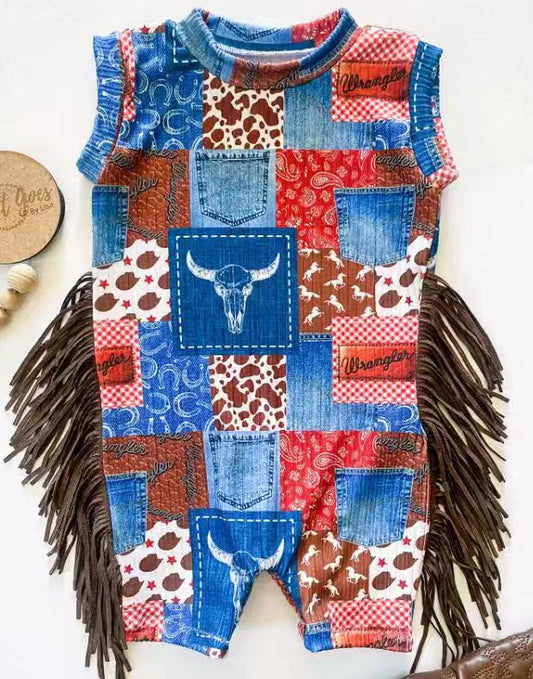 presale SR3288 Baby Girls Bull Skulls Camo Checked Tassel Western Rompers D 1007