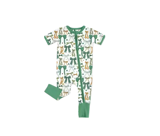 presale SR3289 Baby Girls Bows Clovers Plaid St Patrick Zipper Footie Rompers D 1007