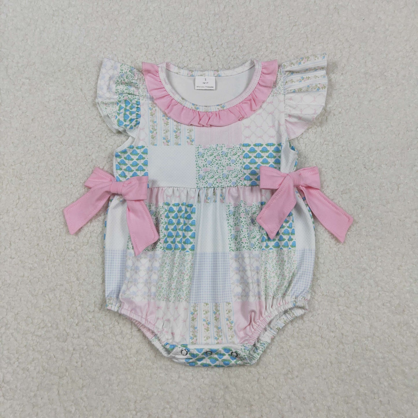 SR3293  Baby Girls Bows Flowers Checked Bows Ruffle Rompers  D 1008