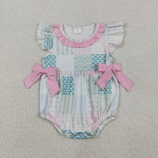 SR3293  Baby Girls Bows Flowers Checked Bows Ruffle Rompers  D 1008