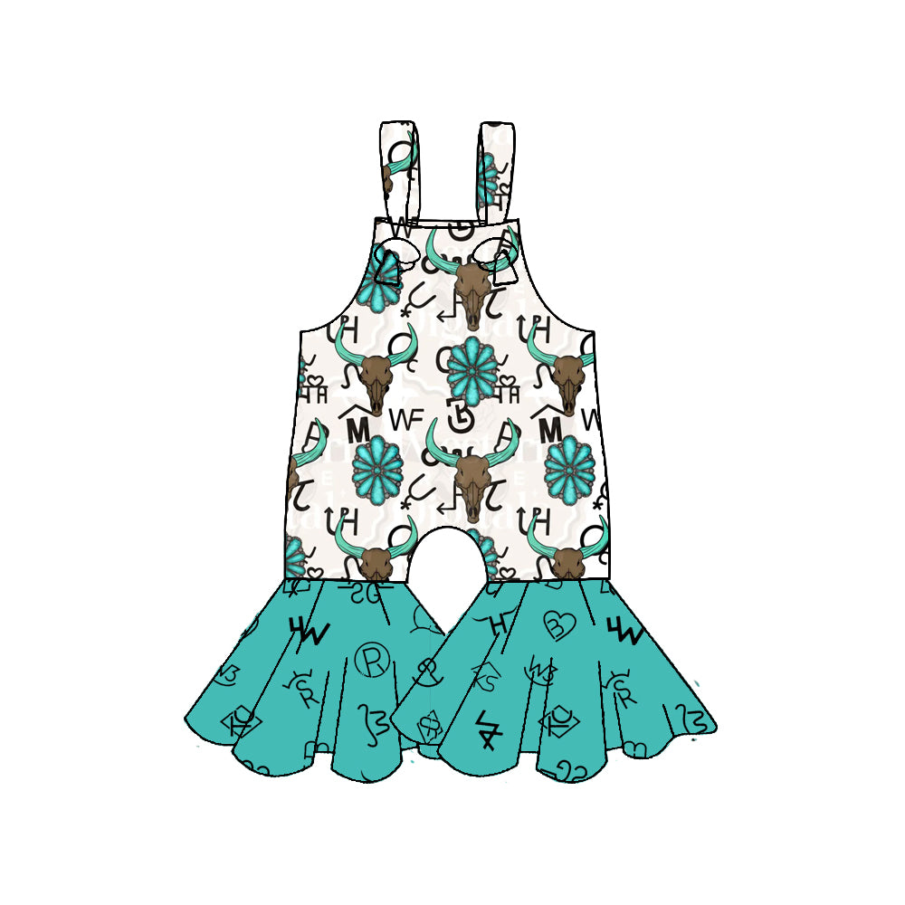 presale SR3299  Baby Girls Strap Bull Skulls Bell Bottom Pants Western Jumpsuits D 1011