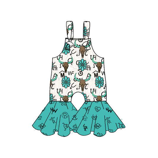 presale SR3299 Baby Girls Strap Bull Skulls Bell Bottom Pants Western Jumpsuits D 1011