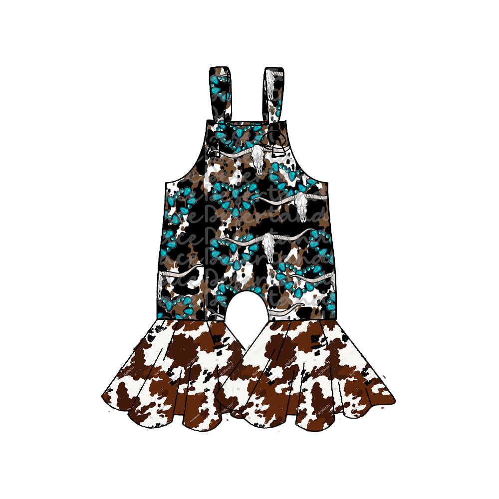presale SR3301 Baby Girls Strap Bull Skulls Turquoises Bell Bottom Pants Western Jumpsuits  D 1011