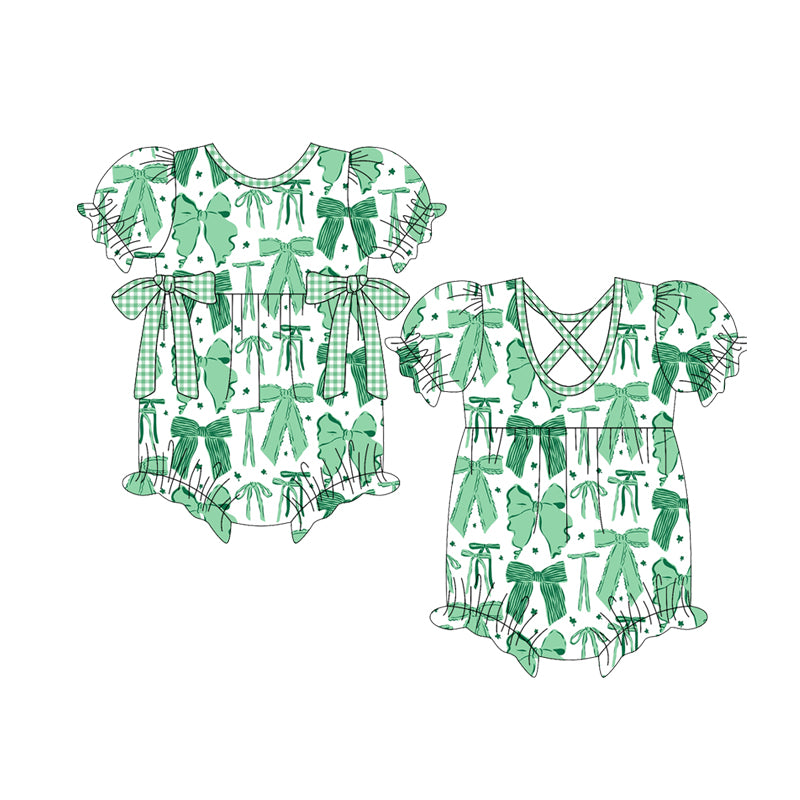 presale SR3305 Baby Girls Green Clovers Bows St Patrick Ruffle Rompers D 1011