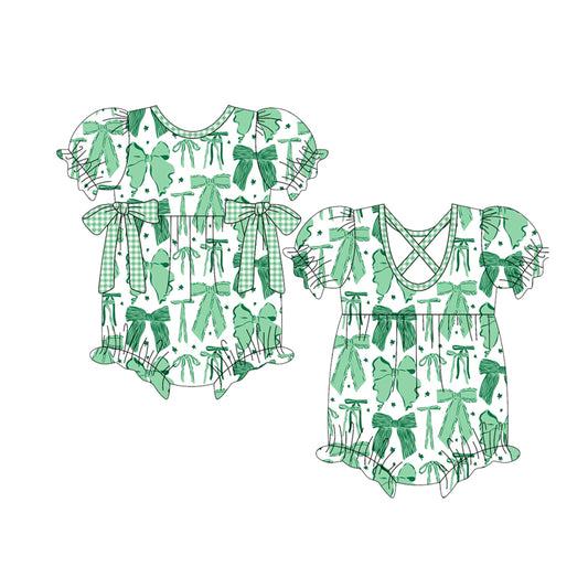 presale SR3305 Baby Girls Green Clovers Bows St Patrick Ruffle Rompers D 1011