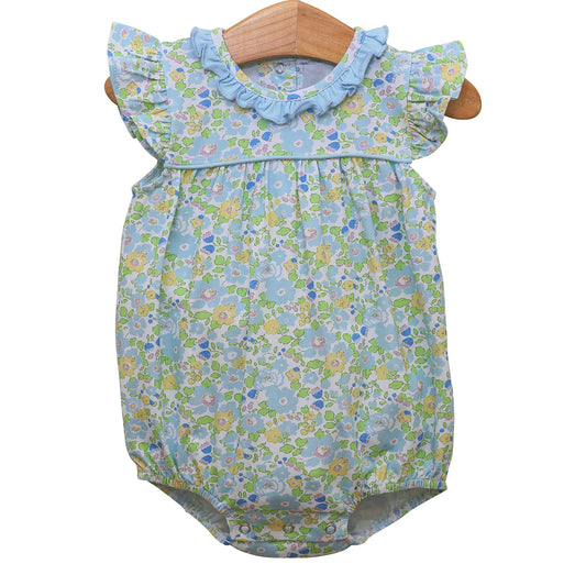 presale SR3309  Baby Girls Green Flutter Sleeve Floral Ruffle Collar Rompers D 1015