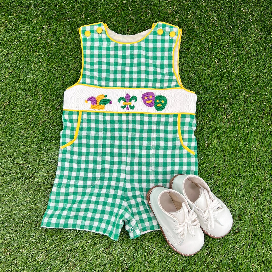 presale SR3312  Baby Boys Sleeveless Green Checked Anchors Pockets Mardigras Rompers  D 1016