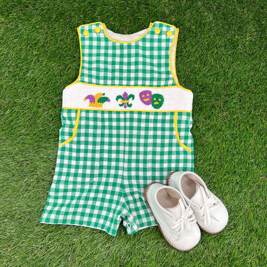 presale SR3312 Baby Boys Sleeveless Green Checked Anchors Pockets Mardigras Rompers D 1016