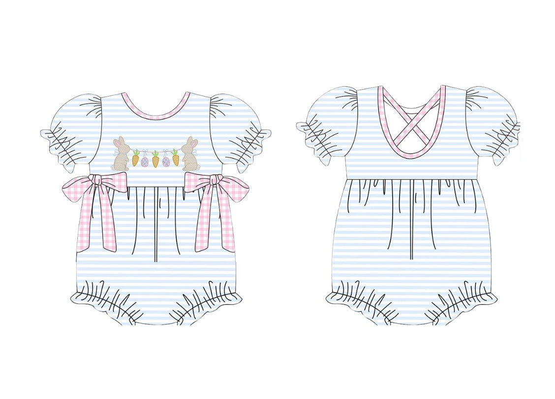 presale SR3313 Baby Girls Blue Stripe Rabbits Carrots Easter Bows Ruffle Rompers  D 1016