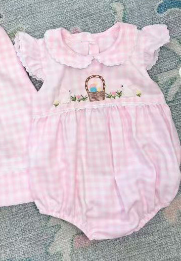 presale SR3314 Baby Girls Pink Checked Flutter Sleeve Rabbits Eggs Easter Collar Rompers  D 1016