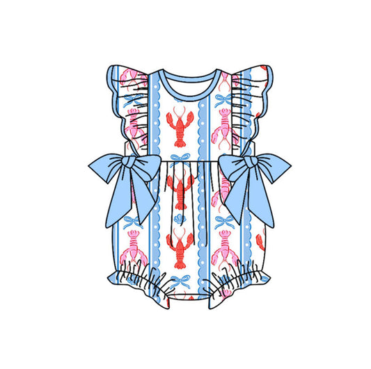 presale SR3317 Baby Girls Flutter Sleeve Bows Crayfishes Bows Ruffle Rompers  D 1018