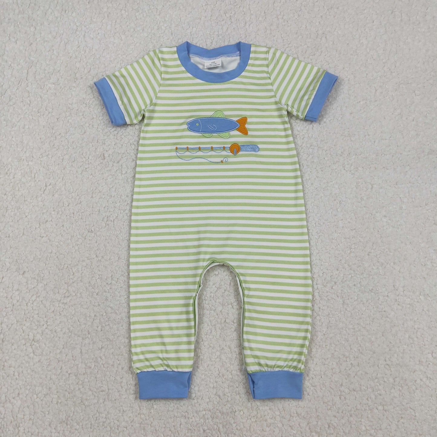 Embroidery Fishing Baby Boys Footie Rompers Stripe Hunting Design Comfortable Cotton Outfit for Infants