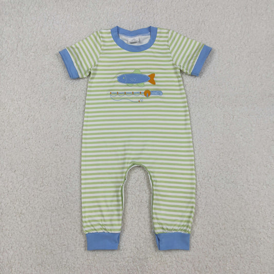 Embroidery Fishing Baby Boys Footie Rompers Stripe Hunting Design Comfortable Cotton Outfit for Infants
