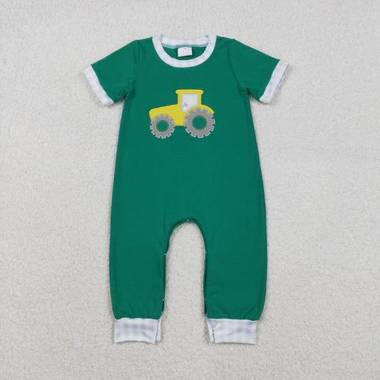 SR3332 Embroidery Golf Truck Baby Boys Green Footie Rompers   D 1211