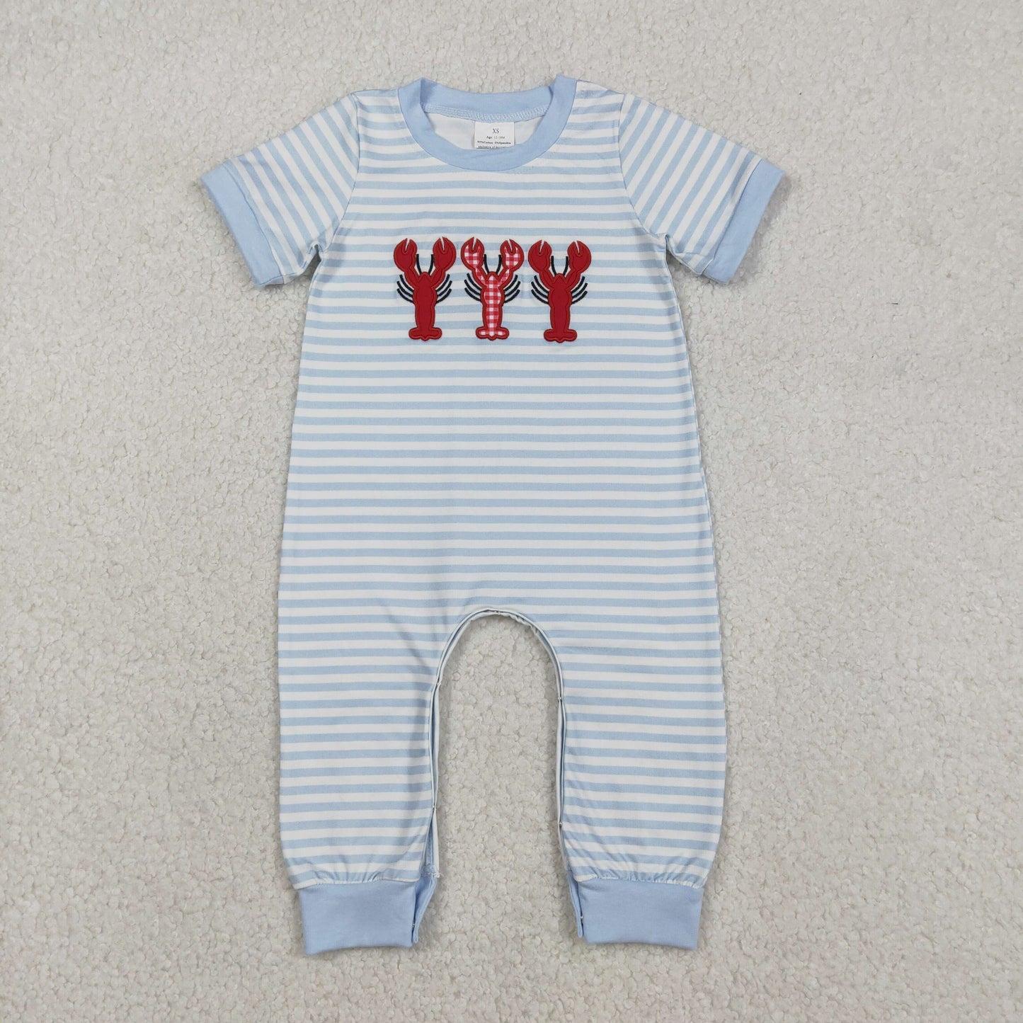 Baby Boys Grey Stripe Footie Rompers Embroidery Crayfishes Crawler Pants Long Sleeve Bodysuit for Newborns
