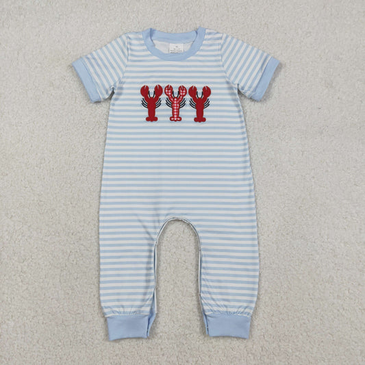 Baby Boys Grey Stripe Footie Rompers Embroidery Crayfishes Crawler Pants Long Sleeve Bodysuit for Newborns