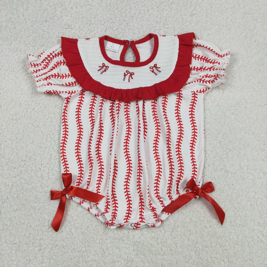 Girls Red Stripe Team Smocked Baseballs Bows Ruffle Rompers for Baby Cute Stripe Smocked Rompers for Little Ones