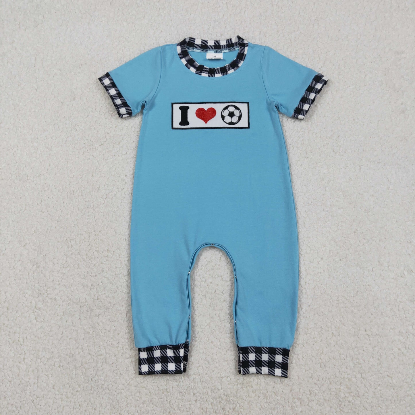 Sibling Baby Boys Embroidered 'I Love Balls' Top with Checked Pants Team Sports Outfit Footie Rompers for Newborns And Toddlers