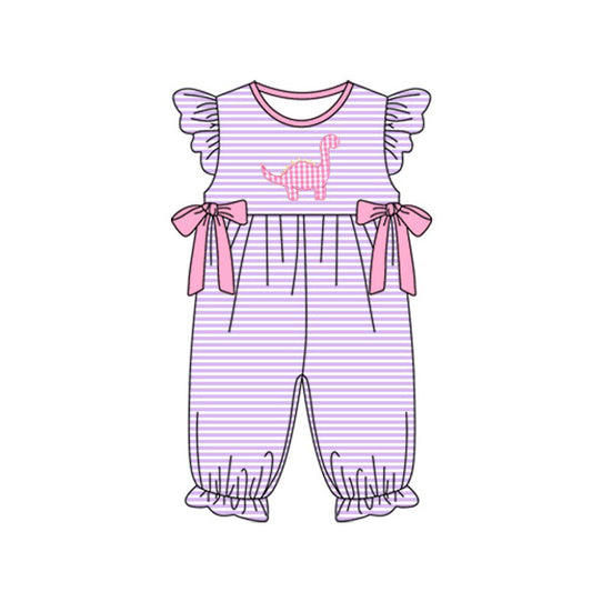 presale SR3372 Baby Girls Stripe Dinosaurs Bows Ruffle Footie Rompers D 1029
