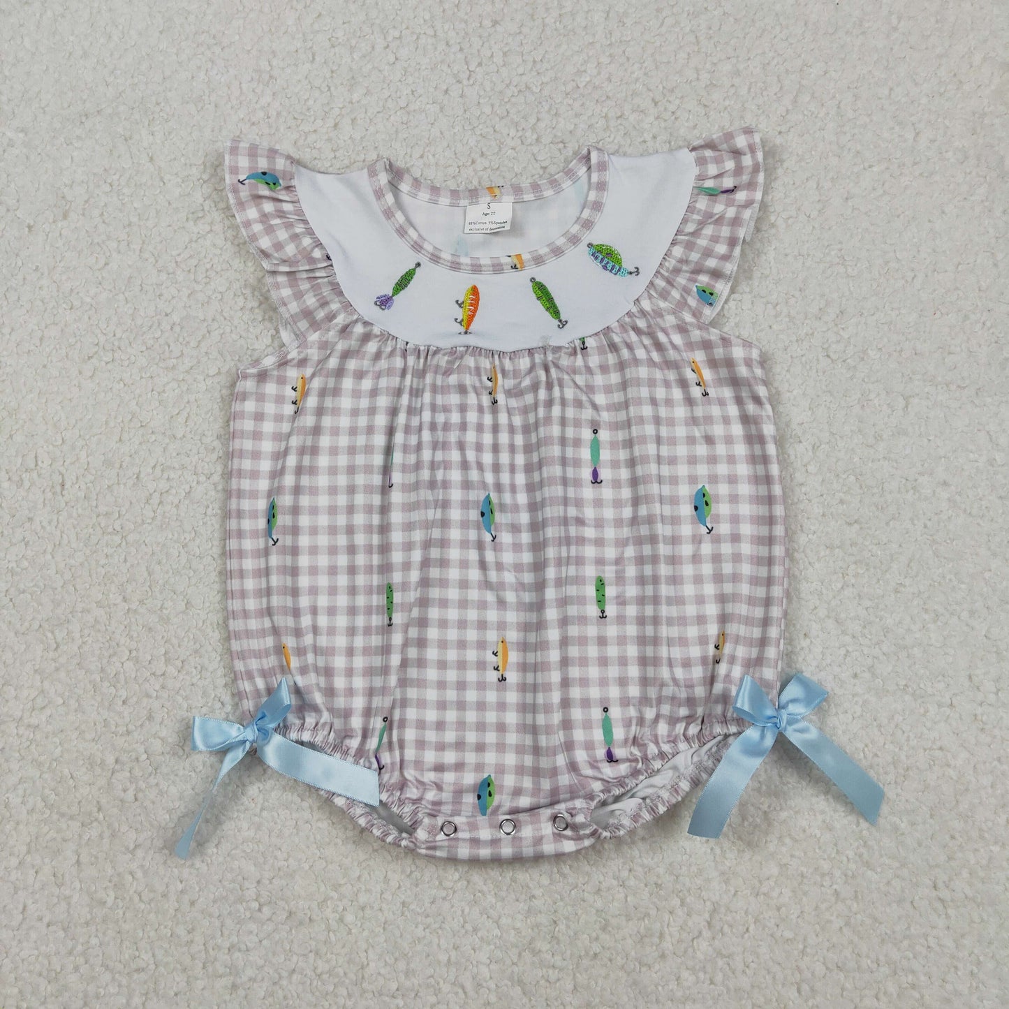 Baby Girls Embroidery Fishing Rompers with Flutter Sleeves Checked Hunting Design for Little Girls