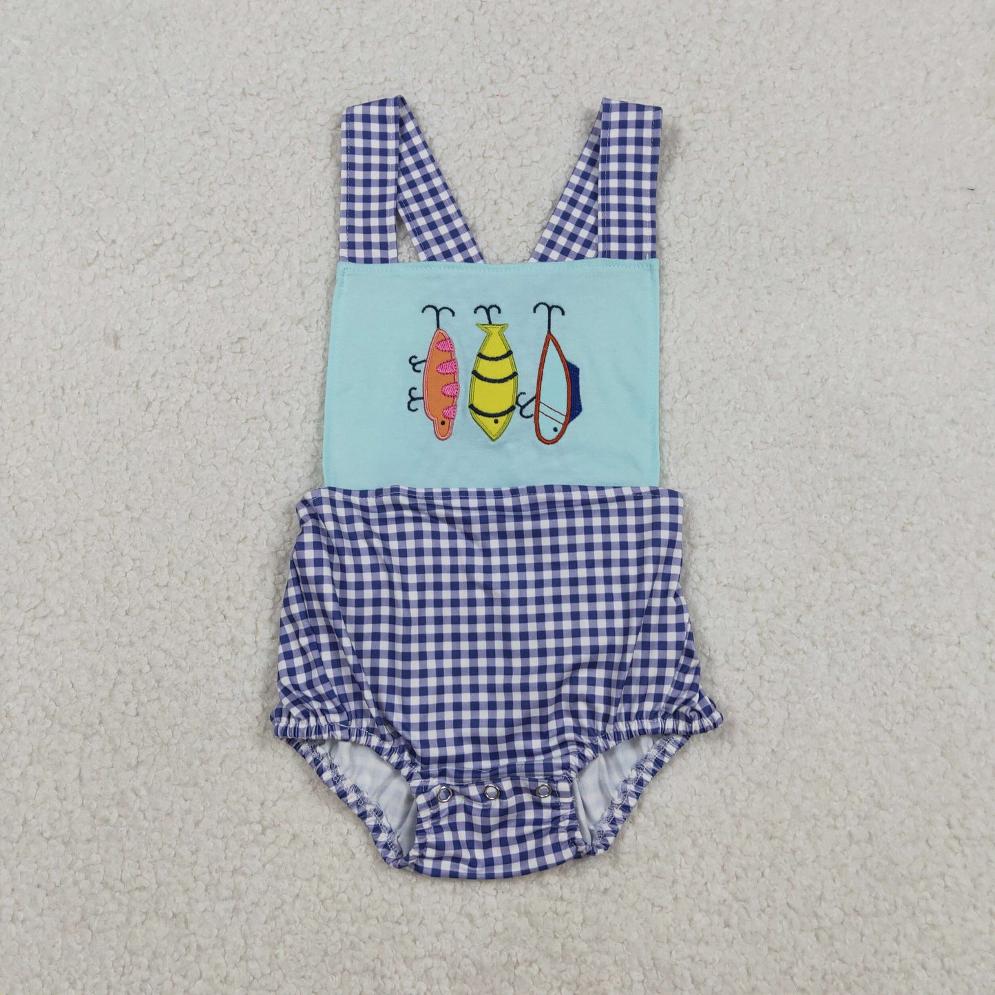 Embroidery Fishing Baby Boys Checked Rompers with Strap Hunting Theme Baby Boys Outfits