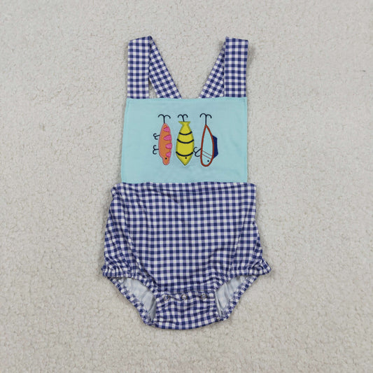 Embroidery Fishing Baby Boys Checked Rompers with Strap Hunting Theme Baby Boys Outfits