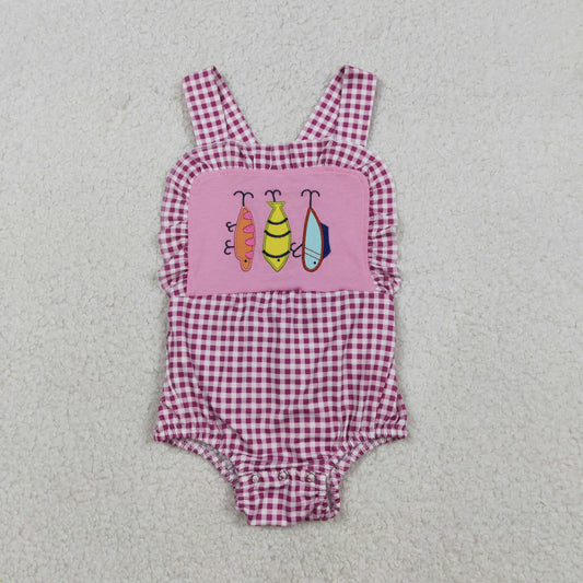 Baby Girls Pink Checked Ruffle Rompers Embroidery Fishing Strap Hunting Design Cute Baby Outfit for Girls