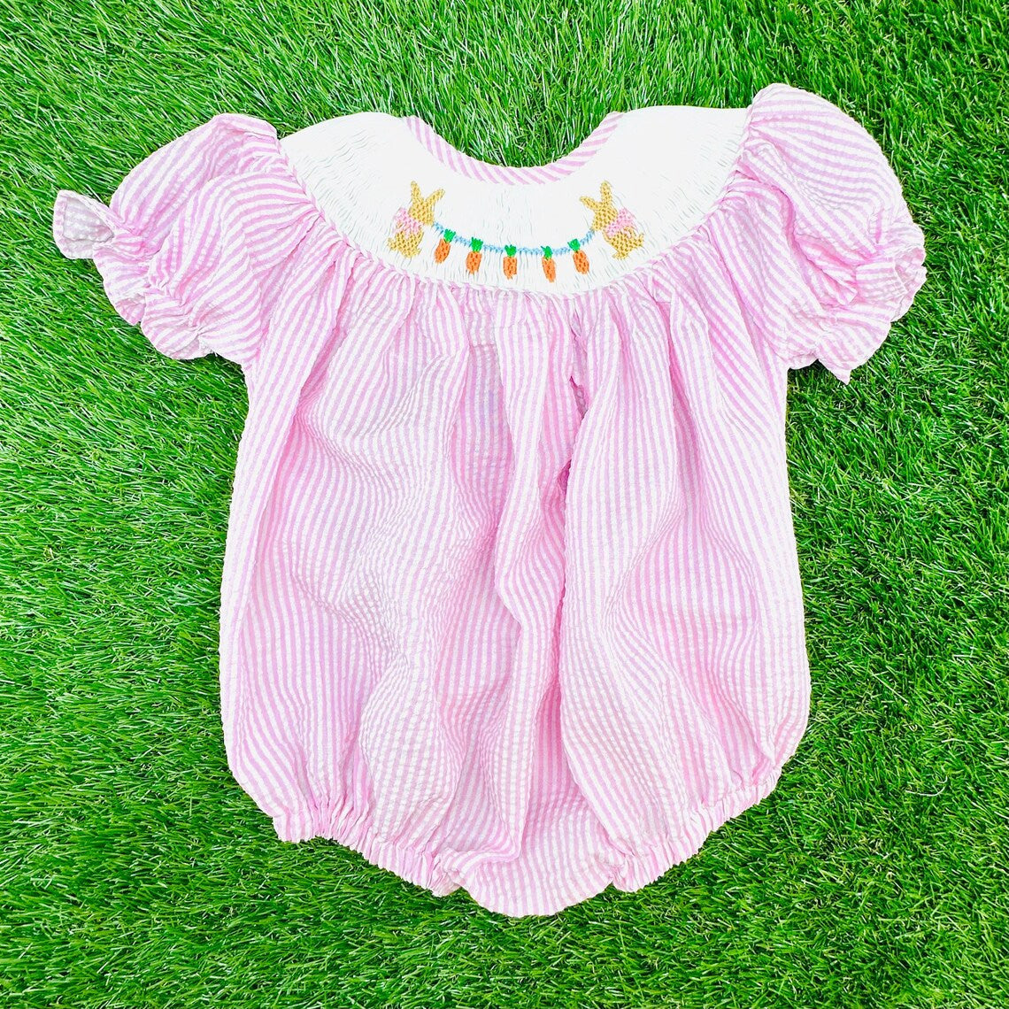 presale SR3416 Baby Girls Pink Stripe Rabbits Carrots Easter Ruffle Rompers  D 1104