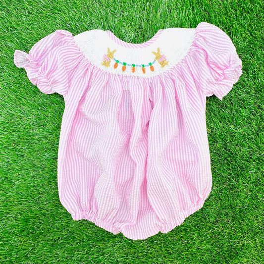 presale SR3416 Baby Girls Pink Stripe Rabbits Carrots Easter Ruffle Rompers  D 1104