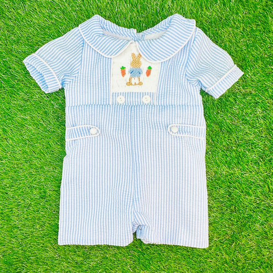 presale SR3417 Baby Boys Blue Stripe Rabbits Carrots Easter Short Rompers D 1104