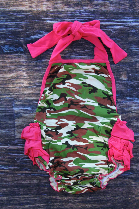 presale SR3420 Baby Girls Pink Strap Green Brown Camo Bubbly Ruffle Rompers D 1104