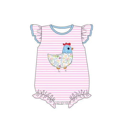 presale SR3422 Baby Girls Pink Stripe Floral Chick Farm Ruffle Rompers D 1105