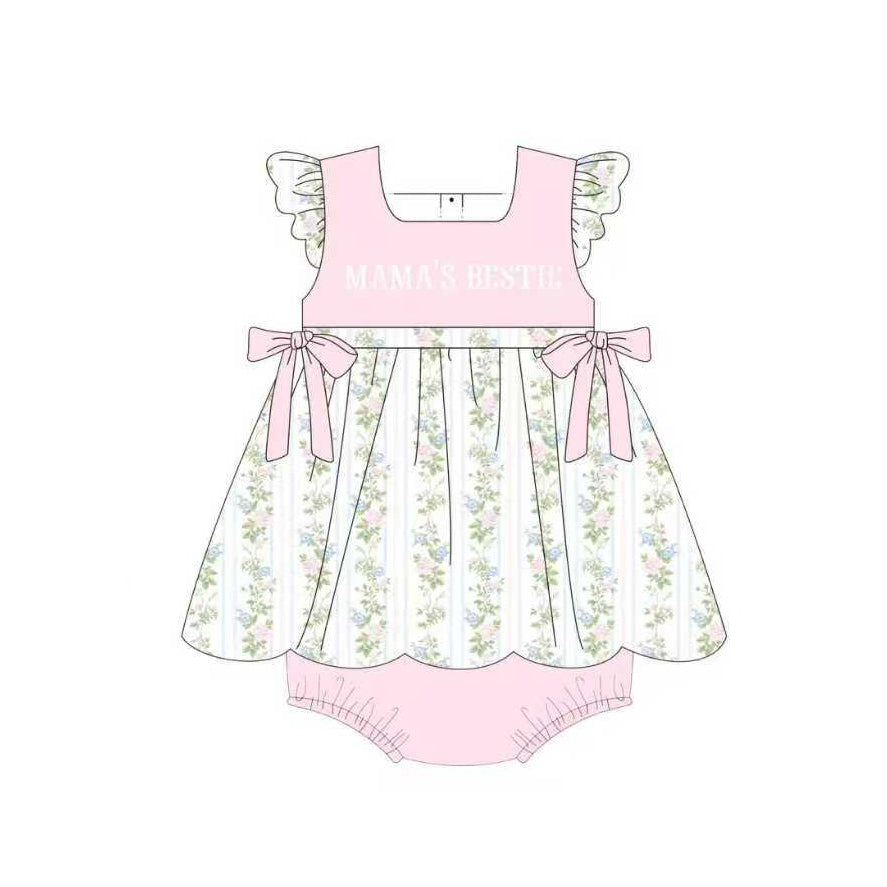 presale SR3423  Baby Girls Pink Mama's Bestie Flowers Stripe Bows Tunic Ruffle Rompers D 1105