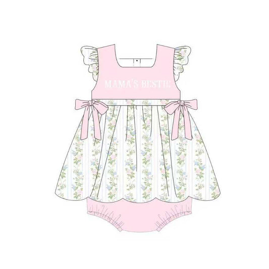 presale SR3423  Baby Girls Pink Mama's Bestie Flowers Stripe Bows Tunic Ruffle Rompers D 1105