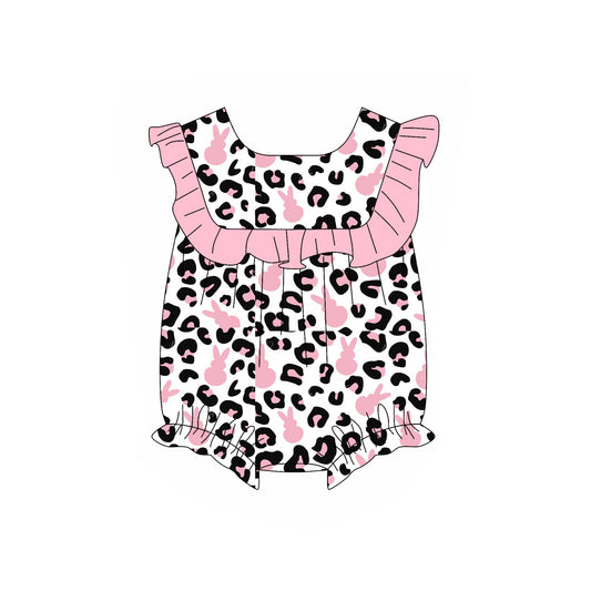 presale SR3429 Baby Girls Sleeveless Pink Rabbits Leopard Easter Ruffle Rompers D 1107